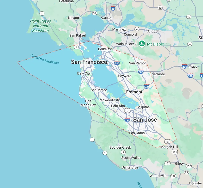 Service areas map showing San Francisco Bay Area coverage including San Francisco, Oakland, San Jose, Berkeley, and surrounding cities